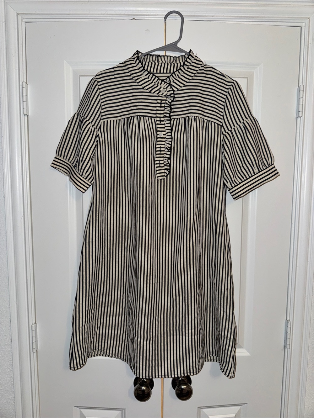 Amazon Black and White Striped Short Sleeve Ruffled Neck Dress